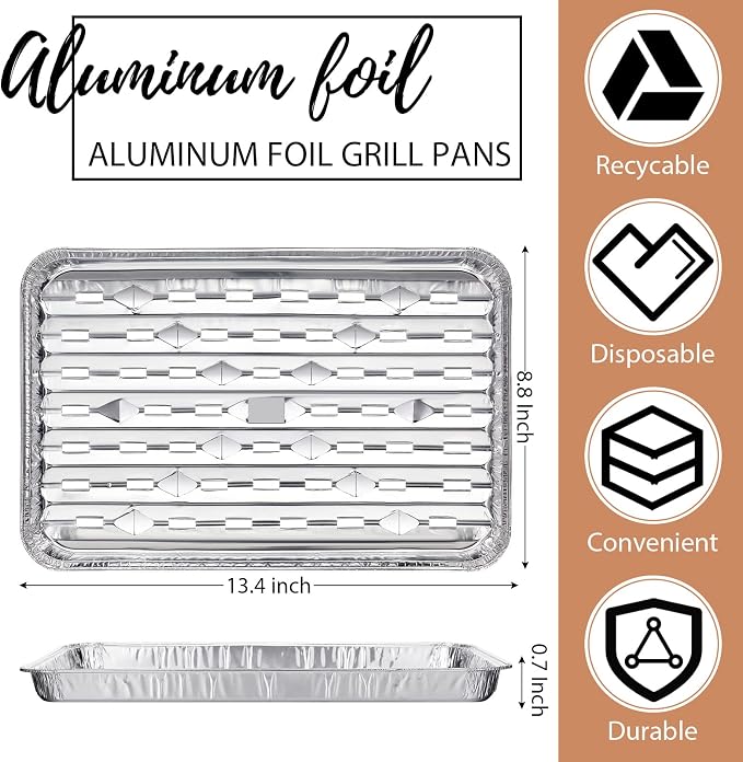50 Pack Aluminum Grill Pans 9x13 Inch, Broiler Pans for Oven, Disposable Aluminum Grill Liners with Holes with Ribbed Bottom Surface for BBQ Foil Drip Roast Trays