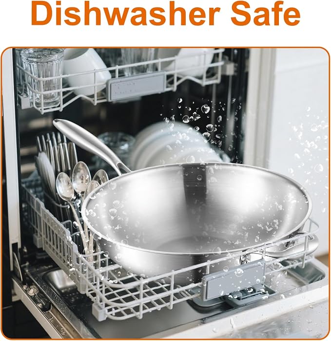 DELARLO Tri-Ply Stainless Steel Wok, 12 Inch Healthy Non-Toxic Cooking Wok Pan with Lid, With Side Ear, Wide & Deep Cookware Stir-Fry Pans, Dishwasher and Oven Safe Up To 600°F, Works on Induction