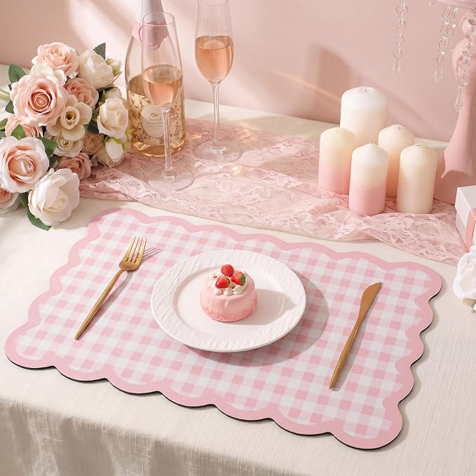 Pink Scalloped Gingham Coffee Mat 12" x 20" Absorbent Bar Mat | Gingham Espresso Matt with Non Slip Rubber Backing for Coffee Countertops