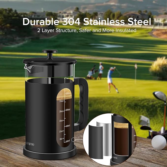 QUQIYSO French Press 34oz, Stainless Steel & Thickened Glass Coffee Press | French Press Coffee Maker,Heat-Resistant Borosilicate Glass,Easy to Clean，Tea Brewer Suitable for Kitchen Party Gifts(Black)