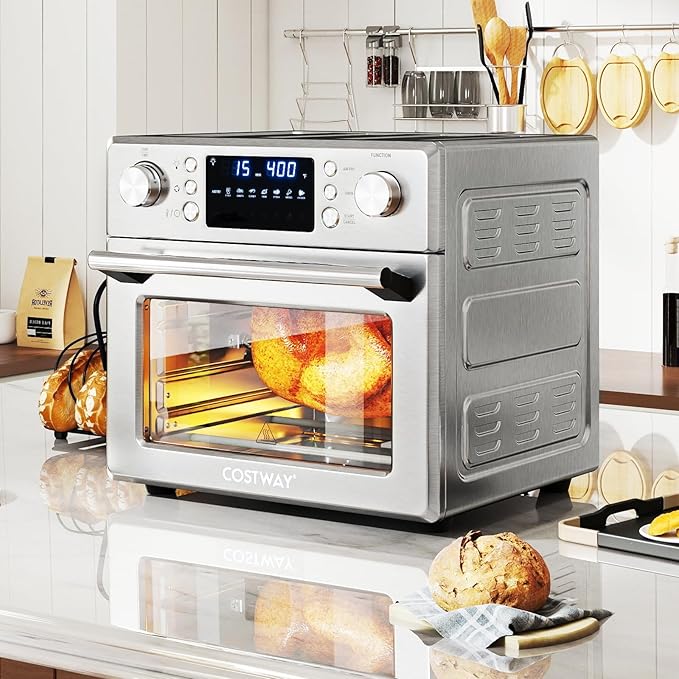 COSTWAY 14-in-1 Air Fryer Toaster Oven Combo | 1700W Dual Cook & 26 QT Large Capacity Stainless Steel Countertop Convection Oven LED Display, 7 Accessories