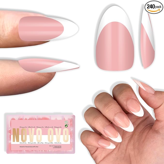 NOVO OVO White French Tip Almond Nail Tips Press on BABY PINK, Extra Thick Medium Soft Gel Fake Nail Acrylic Extension, Need Builder Gel Top Coat, No Glue Included, for Salon DIY x 15 Sizes 240 pcs