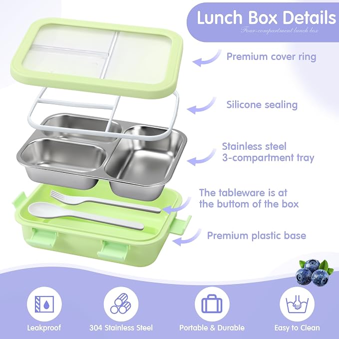LemonRoad 3 Pcs 304 Stainless Steel Bento Box with Spoon Fork, 24 oz, Pastel