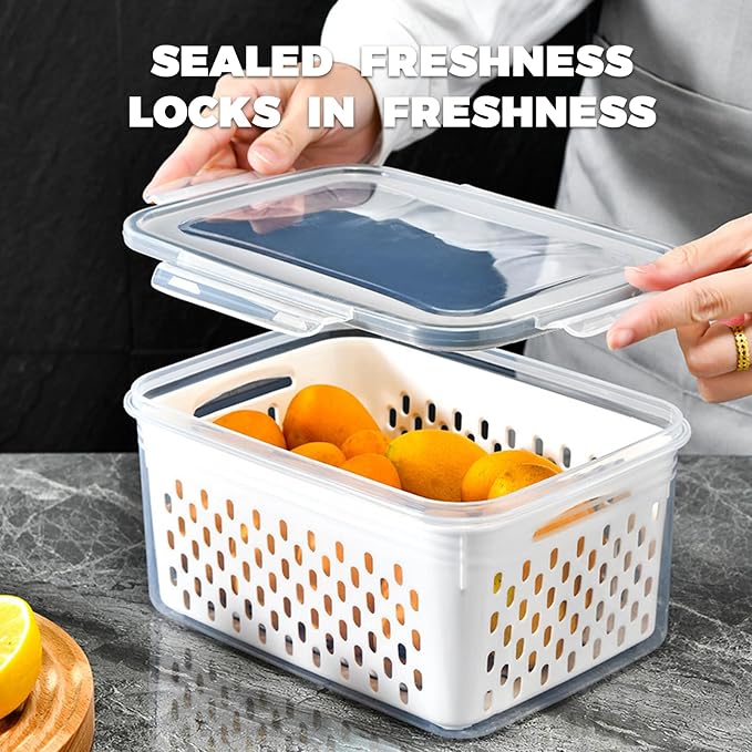 Fruit Storage Containers for Fridge, 3PCS Airtight Fruit & Vegetable Storage Containers with Removable Drain Basket, BPA-Free Berry Keeper, Stackable Refrigerator Organizer for Lettuce, Meal Prep