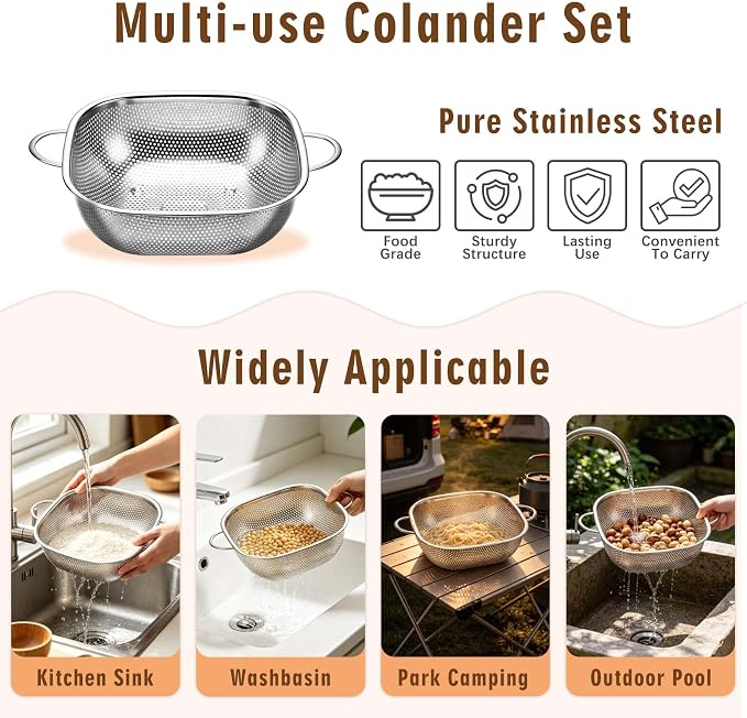 P&P CHEF Stainless Steel Colander Set, Strainers and Colanders for Kitchen | 3 Pcs Square Metal Colander Set, For Washing Draining Rinsing Spaghetti Fruit Food, Dishwasher Safe & Healthy, 2.4 / 4 / 6 Qt