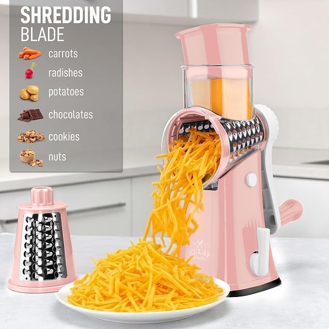 Zulay Kitchen Rotary Cheese Grater 5 Blade Cheese Shredder - Manual Hand Crank Cheese Grater With Reinforced Suction & 5 Interchangeable Drums - Easy to Use, Vegetable Chopper Round Mandoline Slicer