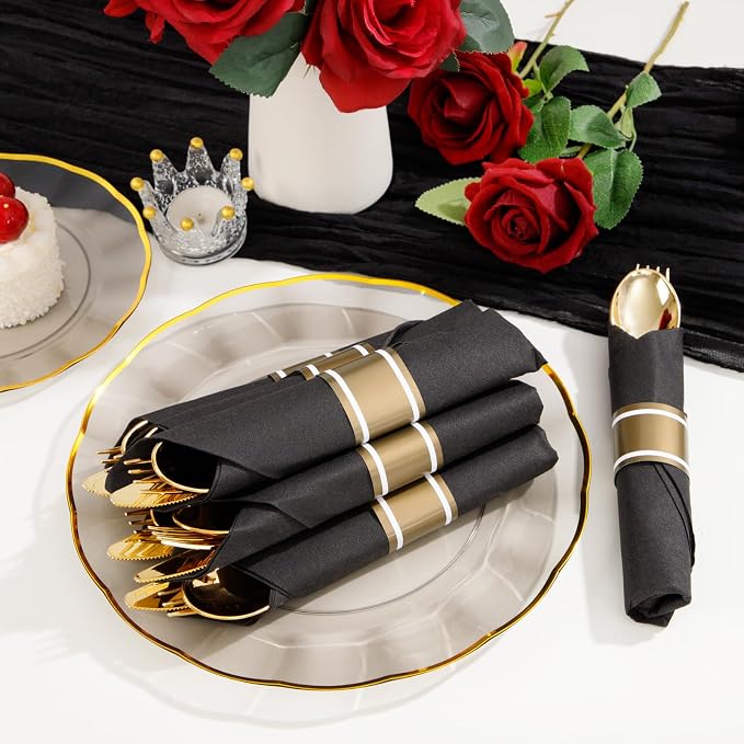 120Pack Pre Rolled Black and Gold Plastic Silverware Set | Heavy Duty Disposable Wrapped Cutlery with Napkin Gold Plastic Utensils for Wedding, Birthday, Party& Banquet