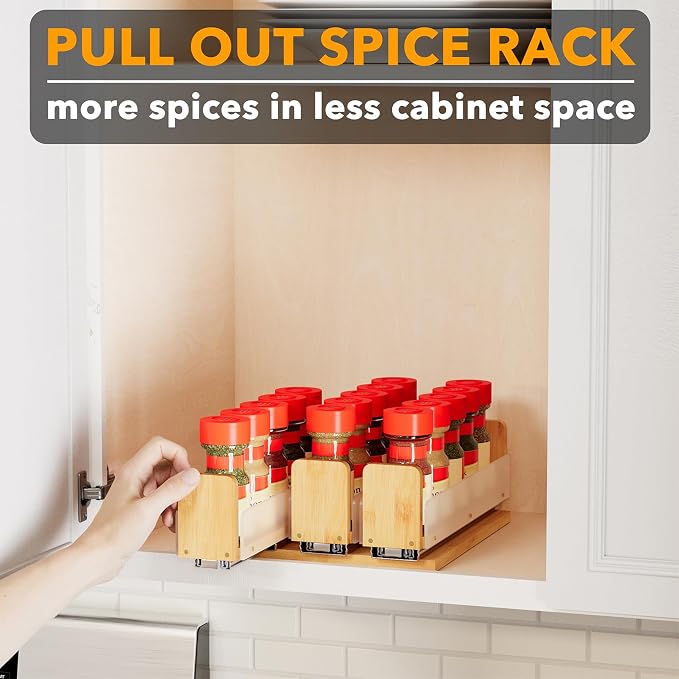 SpaceAid Bamboo Pull Out Spice Rack Organizer for Cabinet, Heavy Duty Slide Out Seasoning Kitchen Pantry Sliding Vertical Organization, 7.6" Wide, 3 Drawers(2" Wide), 1-Tier, Natural
