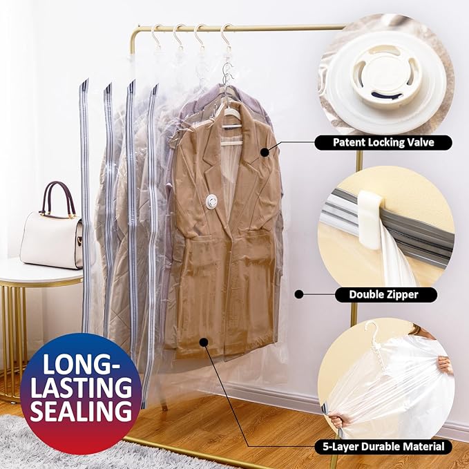 Hanging Vacuum Storage Bags, Space Saver Vacuum Seal Bag for Cloth, 6 Combo | Vacuum Seal Bags for Clothing, Hanging Garment Storage for Jackets, Suits, Dresses, Winter Clothes Storage Closet Organizer