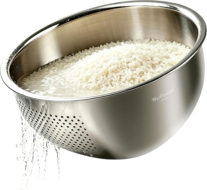 Rice Washer Strainer Bowl, 4 QT Stainless Steel Colander with Side Drainer | Colander For Kitchen | 2 mm Fine Mesh | Drains Fast | Dishwasher Safe | Washing Rice, Vegetables, Fruits, Pasta
