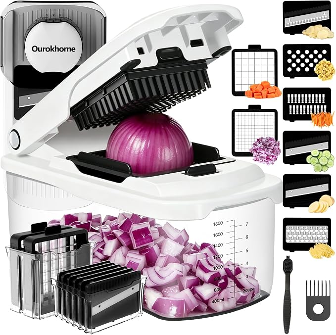 Ourokhome Food Chopper with Container, Manual Mandolin Vegetable Slicer Onion Dicer with 8 Blades, Hand Veggie Shredder for Potato, Tomato, Essential Kitchen Gadgets (8 in 1, White)