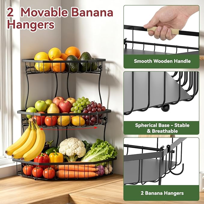 3 Tier Fruit Basket for Kitchen Counter with 2 Banana Hangers for Corner | Detachable Metal Fruit Bowl with Wooden Handle, Large Capacity Fruit Stand for Bread Fruit and Vegetable Storage-Black