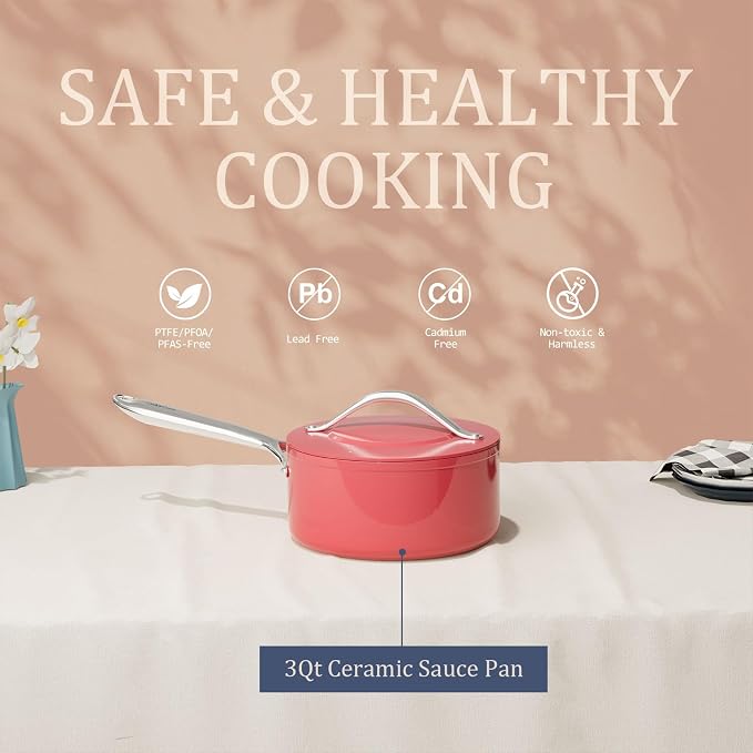 CookinCraze Premium Ceramic Sauce Pan with Lid, 3.5 QT Nonstick Saucepan | for Healthy Everyday Cooking, PFAS & PTFE Free, Induction Compatible, Oven Safe up to 500°F, Fusion Red
