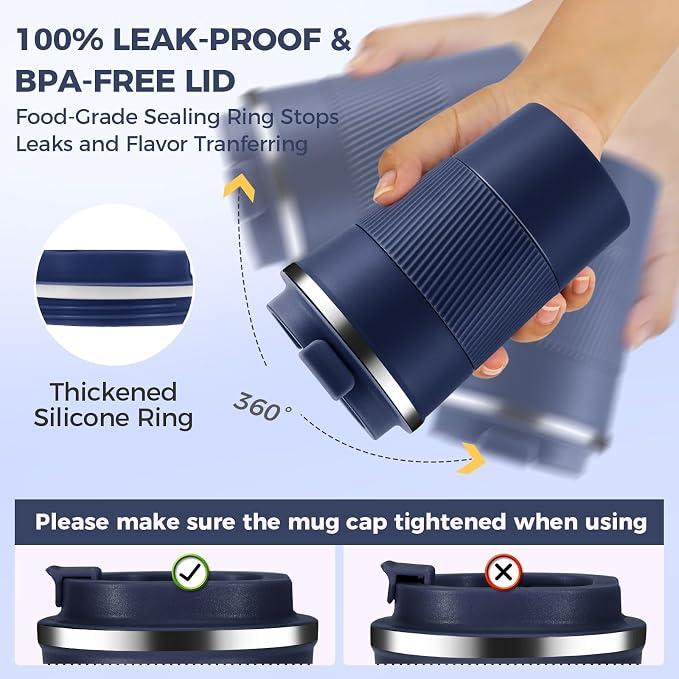 Volhoply 13 oz Stainless Steel Insulated Travel Coffee Mug with Fip Lid Bulk 2 Pack,Reusable Double Wall Vacuum Metal Coffee Cup,Portable Leak Proof Thermal Tumbler for Hot & Cold Drinks(Navy,2)