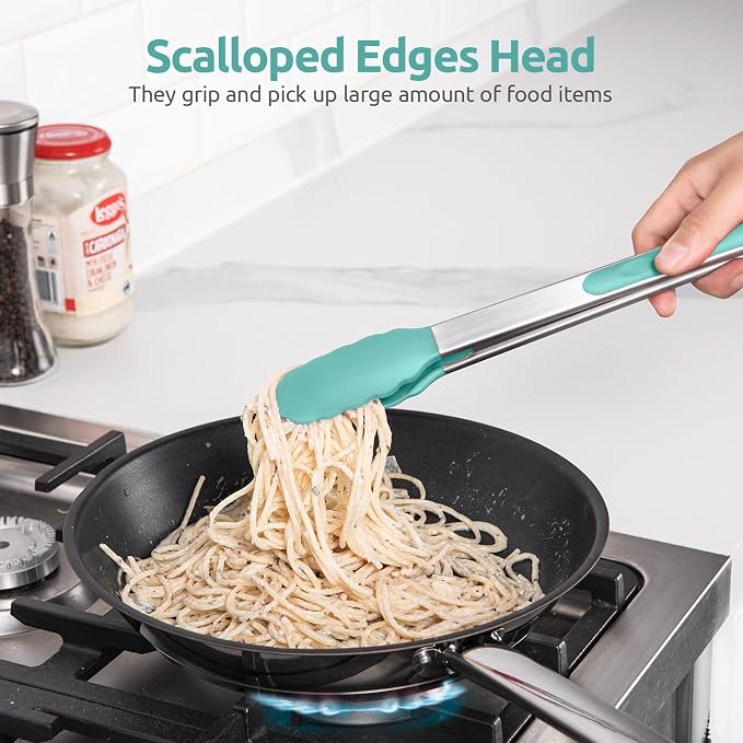 U-Taste Kitchen Tongs for Cooking, 600ºF Heat-Resistant Tps, 2Pcs/Aqua Sky | Silicone Tong Set 9/12in, Salad/Grill/BBQ Plastic Tong for Food Serving, Rubber Tipped Tong with 18/8 Stainless Steel Handle