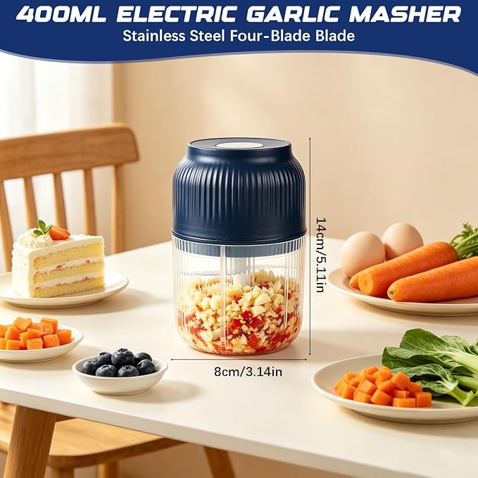 Electric Garlic Chopper, Mini Portable Veggie Chopper Garlic Grinder Masher Onion Chopper, Rechargeable Cordless Food Processor & Food Chopper for Garlic Onion Ginger Chili Vegetables, 400ml (Blue)
