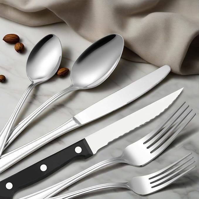 Hunycook 48-Piece Silverware Set - Stainless Steel Silverware Set for 8, Stainless Steel Flatware Set with Forks, Knives & Spoons, Mirror Polished Cutlery Set, Dishwasher Safe