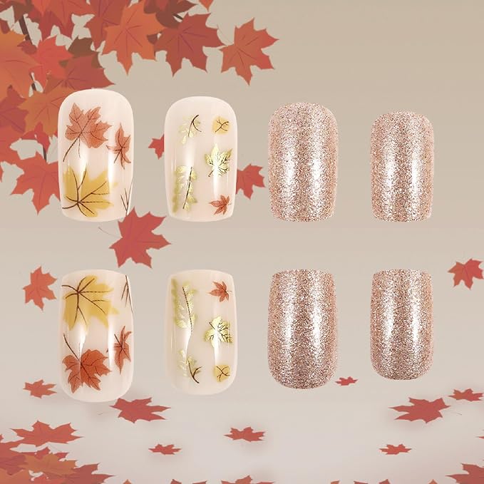 Fall Press on Nails Medium Square Fake Nails with Maple Leaves Glitter Designs Nails Press ons Orange Yellow Nude Glue on Nails Full Cover Stick on Nails for Women 24 Pcs