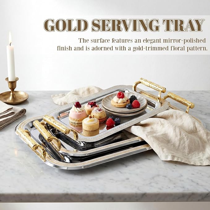 3 Pack Metal Serving Trays with Handles, Decorative Floral Platter Trays for Coffee Tea, Food, Dessert, Jewelry, for Buffet Wedding Party Kitchen Home Decor (Rectangle,Silver, Gold)