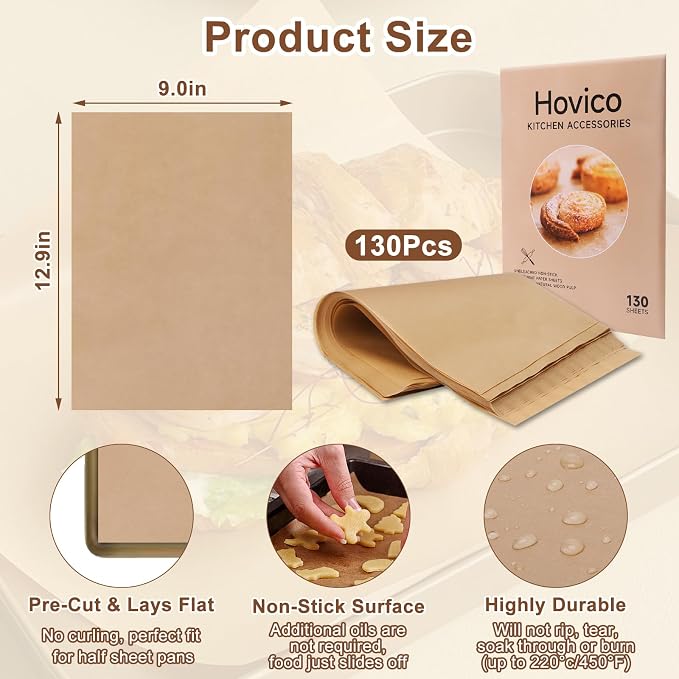 Hovico 130PCS Parchment Paper Baking Sheets, 9x13 Inch, Precut Non-Stick Parchment Sheets for Baking, Grilling, Air Fryer, Steaming, and More (Unbleached) - Perfect for BBQ, Picnic, Festival, Bread