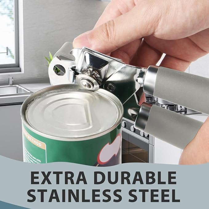 Safring Can Opener Manual, Heavy Duty Handheld Strong Can Opener with Soft Touch Handle, Sharp Blade Smooth Edge, Can Openers with Multifunctional Bottle Opener, Gray