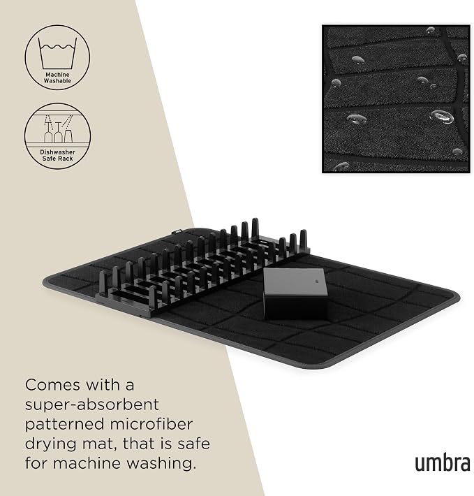 Umbra Udry Dish Drying Rack with Microfiber Mat, Foldable Drainer, Black | Machine washable, protects countertops, utensil holder, compact space saving design