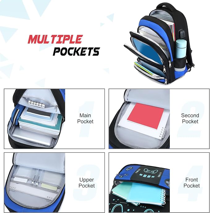 Backpack for School Boys, Cool Luminous Gamer Boys Schoolbag | with Lunch Box & Pencil Case Set for Kids Teens Elementary Middle School, Bookbag Glow In The Dark