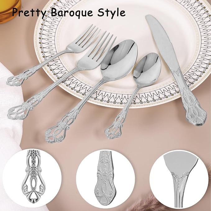 Silverware Set for 12, Stainless Steel Gorgeous Retro Royal Flatware Set, 60-Pieces Cutlery Tableware set, Kitchen utensils set Include Spoons And Forks Set, Mirror Finish, Dishwasher Safe