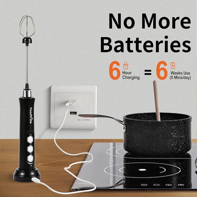 MF09 3 in 1 Rechargeable Milk Frother Handheld Foam Maker with Charging Stand & 3 Stainless Steel Whisks (Black)