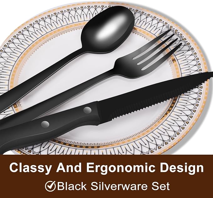 24-Piece Black Silverware Set for 4, Stainless Steel Flatware Set with Steak Knives & Utensil Sets - Mirror Finish Cutlery for Home & Restaurant