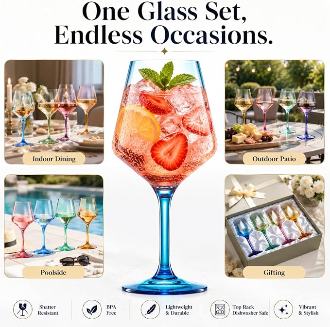 European Style Plastic Crystal Unbreakable Stemmed Wine Glasses | Set of 12 | Acrylic Glasses Tritan Bright Colors Shatterproof BPA-free, Outdoor, Pool, Indoor, Hand Wash 17oz Gift, Everyday & Holiday