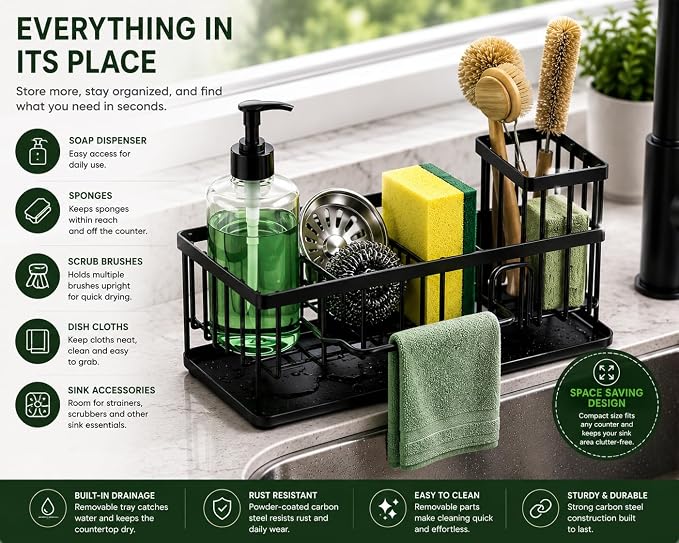 Kitchen Sink Caddy Organizer with Removable with Drain Tray, Rustproof Sponge Holder for Kitchen Counter, Carbon Steel Sink Organizer for Soap Dispenser, Sponge, Scrub Brush & Cleaning Accesories