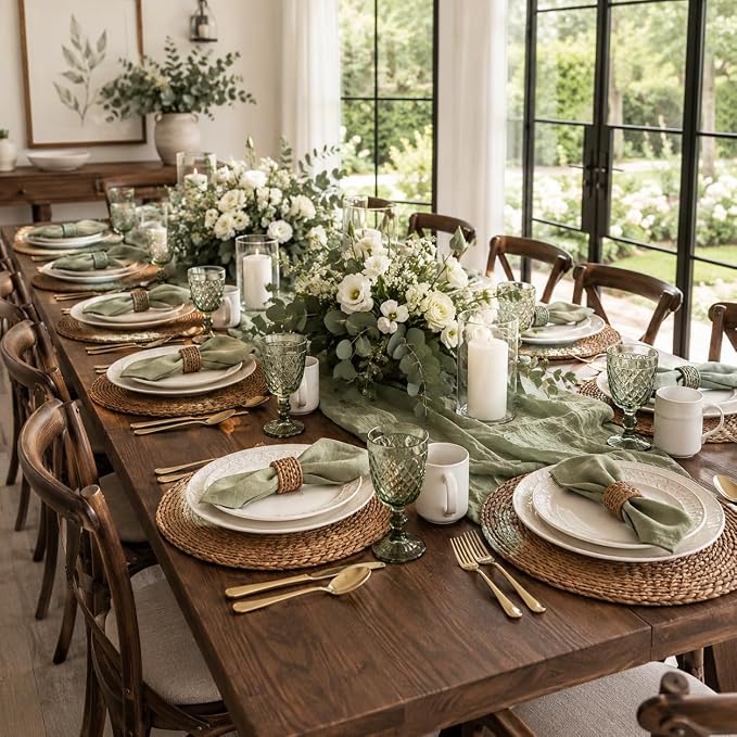 13.8" Set of 8 Brown Seagrass Woven Round Placemats - Wicker Boho Farmhouse Placemats - Rattan Table Mats Like Water Hyacinth for Dining Table, Wedding, Home (Brown Seagrass)