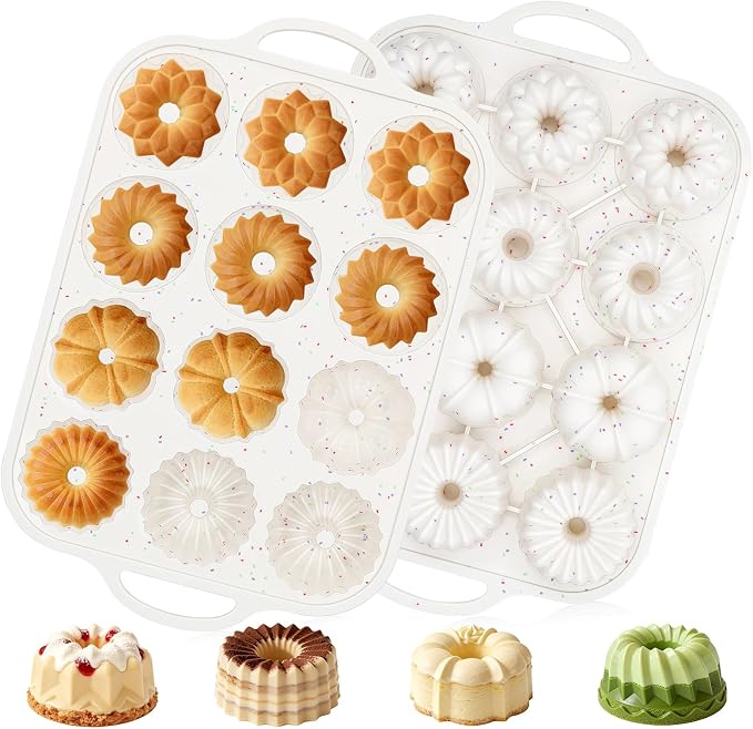 Vinino 3 Inch Mini Fluted Cake Pan, 2 Pack with Metal Frame | 4 Shapes 12 Cavity Mini Cake Mold Set for Batch Baking, Flan, Jello, Pudding, Brownies & Desserts