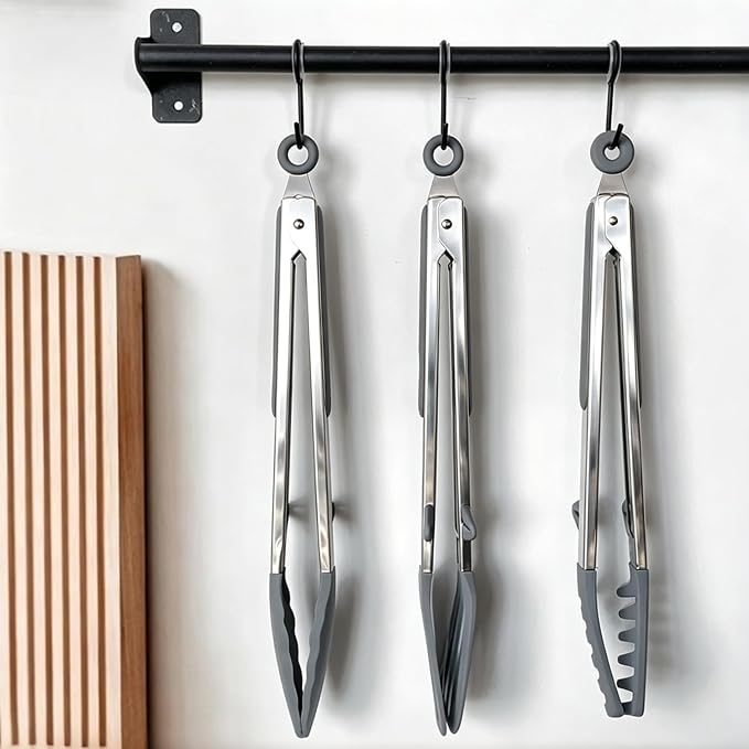 12" Kitchen Tongs for cooking with Silicone Tips, 3Pcs Serving Tongs, Grey | Small Silicone Tongs mit kickstand, Food Grade, 3 different type of tongs, Stainless Steel