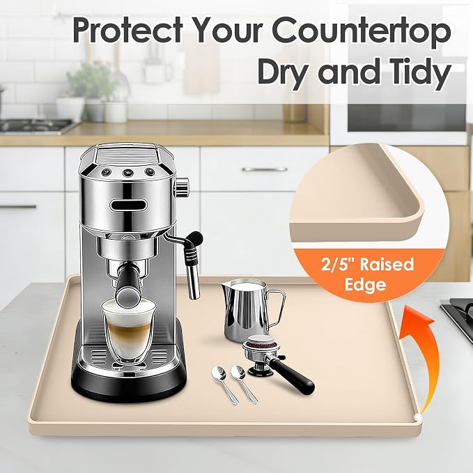 Silicone Coffee Maker Mat with Lip for Countertops, 15.7'' x 11.8'', Khaki | Multi leak-proof coffee tray for countertop, non-slip silicone mat fits most coffee makers & espresso machines, wipe-clean