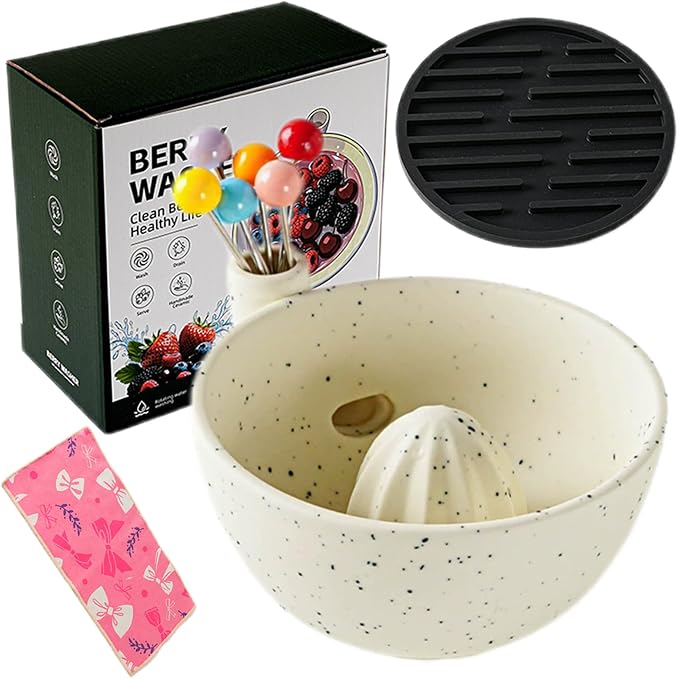 Self Spinning Ceramic Berry Washing Bowl with Drain Holes, 5.5'' Kitchen Fruit Washer Spinner Bowl with Fruit Fork and Waterproof Pad (Small-White)