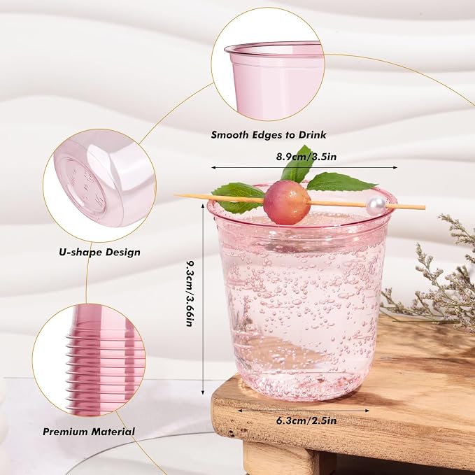 KesaPlan 50Pcs 12oz Pink Plastic Party Cups, Disposable Wine Cocktail Cups | Cute Clear Stemless Glass, Round Bottom PET Cold Drink Cups for Valentine's Galentine's Day Wedding Christmas Bridal Shower