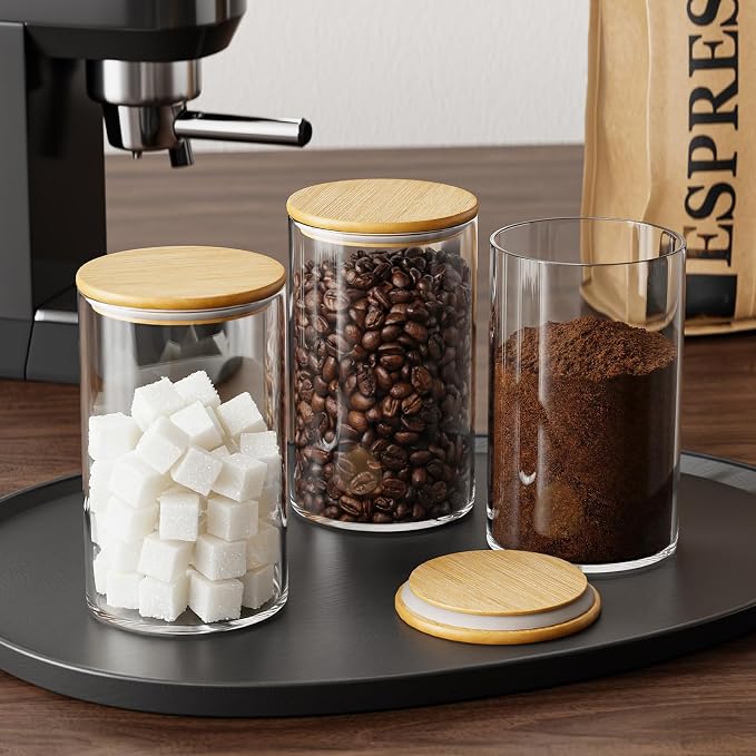 OneDream 32oz Glass Jar with Lid, 6 Pack Coffee Storage Canister for Candy | Seal, BPA-Free, Bamboo Lid, Coffee Bar Accessories, for Coffee Beans, Creamer, Salt, Overnight Oats, Brown sugar, Candy, Tea