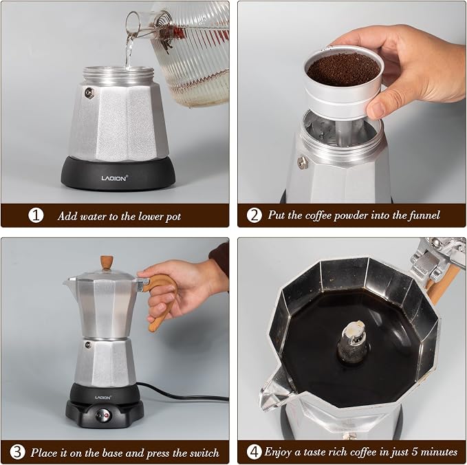 LAOION Cafeteras Electricas Modernas,6 Cup Portable Espresso Maker,300ml | Moka Pot with Detachable Base & Overheat Protection, Great for Home，Office, or Travel, a Thoughtful Gift for Coffee Lovers