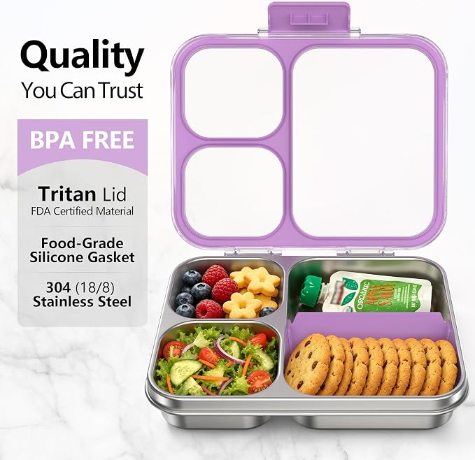 HOMEKOL Stainless Steel Bento Lunch Box 3-Compartment, 4.2Cups, Purple | Leak-Proof Metal Lunch Container for Kids & Adults, BPA-Free, Dishwasher Safe, Clear Tritan Lid, 1000ml (Not Insulated)