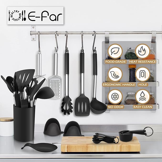 E-far Silicone Cooking Utensils Set, 30-Piece Black Kitchen Utensils Set | Heat Resistant Nonstick Cookware, Kitchen Tools Spatulas with Stainless Steel Handle, Spatulas Turner Tong Spoon Whisk Ladle