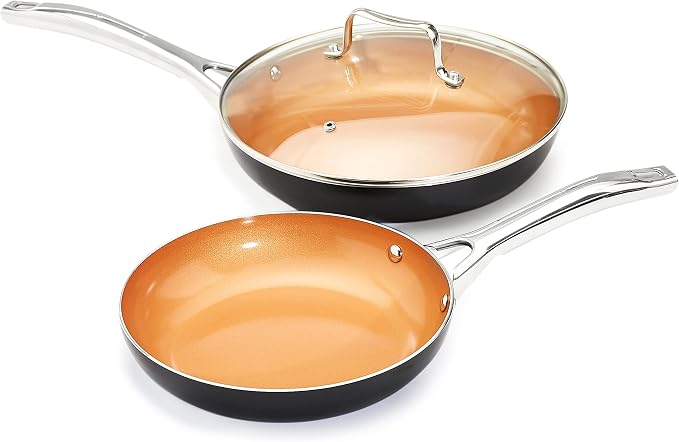 Amazon Basics Ceramic Nonstick Cookware Set, Induction Ready, Dishwasher & Oven Safe, Even Heating, 10-Piece Set with Frying Pans, Saucepans, Glass Lids, Copper Color