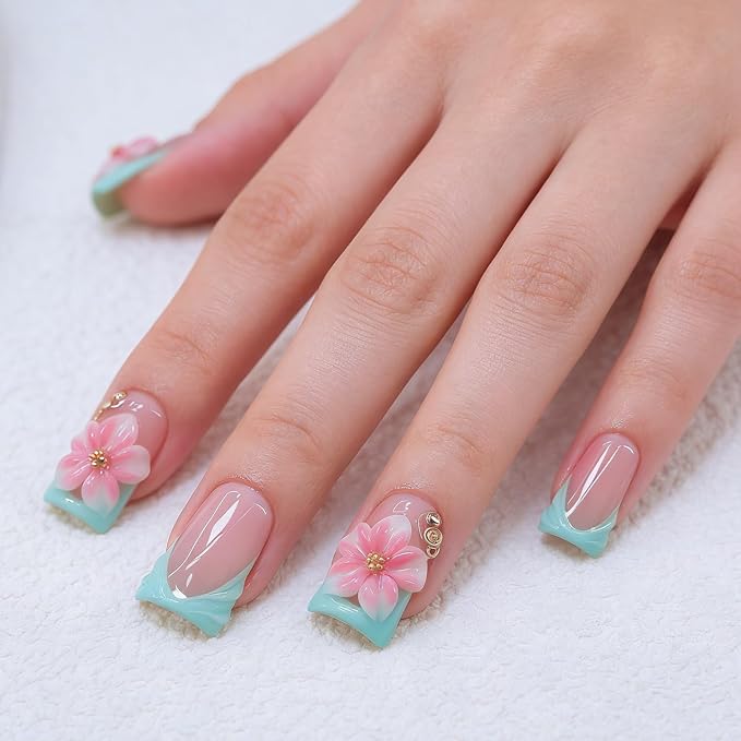 Duck Press on Nails Handmade 3D Pink White Flower Fake Nails Muti-Layer Soft Gel Short Blue French Tip Acrylic Nails Salon Quality Handmade False Nail Press Ons Luxury Stick on Nail for Women (M)