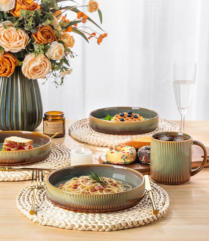 7.5" Ceramic Pasta Bowls Set of 4, Salad Bowls | Versatile Serving Bowls for Pasta, Salad, Fruit & Noodles, Housewarming & Wedding Gift, Sage Umber