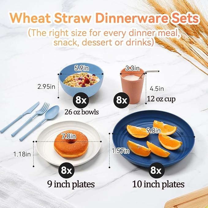 Wheat Straw Dinnerware Sets,64-Piece Plates and Bowls Sets for 8-Unbreakable,Reusable Plastic Dish Set-Dinner Plate/Dessert Plate/Cereal Bowl/Cup/Utensils-Dishwasher Safe 64P-Coral Coast
