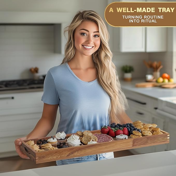 Extra Large Ottoman Tray, 36 x 12 inches Acacia Wood Serving Board | Wooden Serving Tray with Handles, Rectangular Coffee Table Tray, Charcuterie Platter for Meat, Cheese Board, Extra Long 3ft