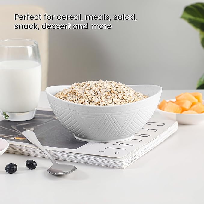 Wheat Straw Bowls Set of 4, Unbreakable Plastic Bowls Reusable, Microwave Safe Cereal Bowl for Camping, RV, Apartment, Party, Kitchen Bowl for Serving, Eating, Soup, Popcorn (26 OZ, White)