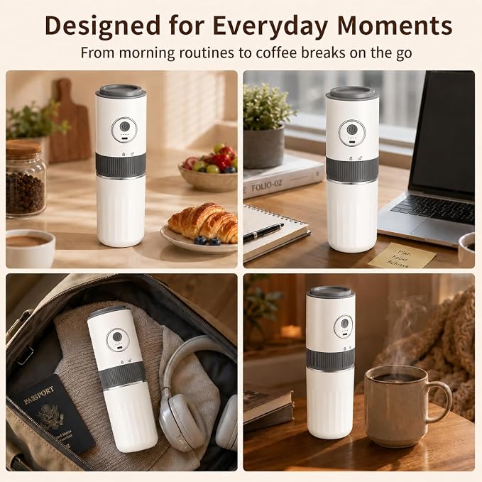 Portable Electric Coffee Grinder and Brewing Kit, White | Rechargeable, Conical Burr Mini Grinder, 32g Capacity, Includes Filter & Coffee Cup