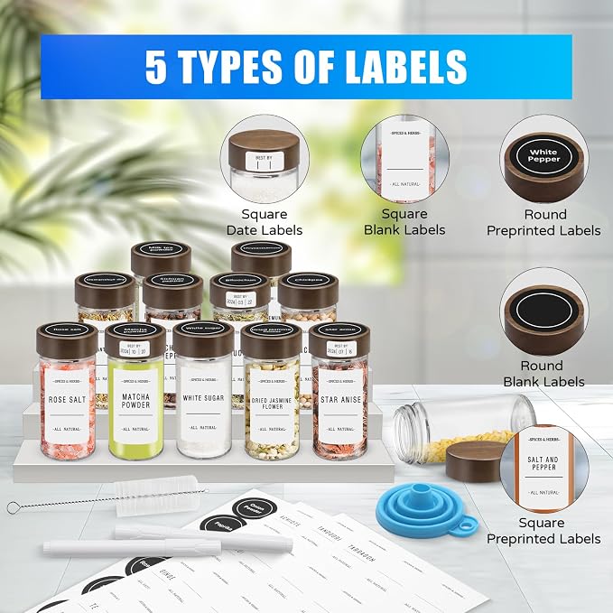 VIBRATITE 12 Pack 4 oz Round Glass Spice Jars with Acacia Lids and Labels | Shaker Lids, Pen, Funnel, Brush Included, Airtight Storage, Quick Identification, Seasoning Prep, Kitchen Pantry Organization